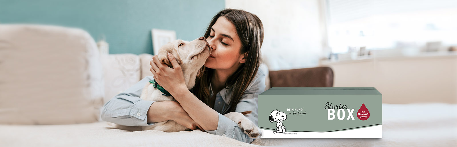 Starter Box composé d'aliments secs pour chiots, d'aliments humides pour chiots, de jouets et d'informations sur les chiens en pleine croissance.